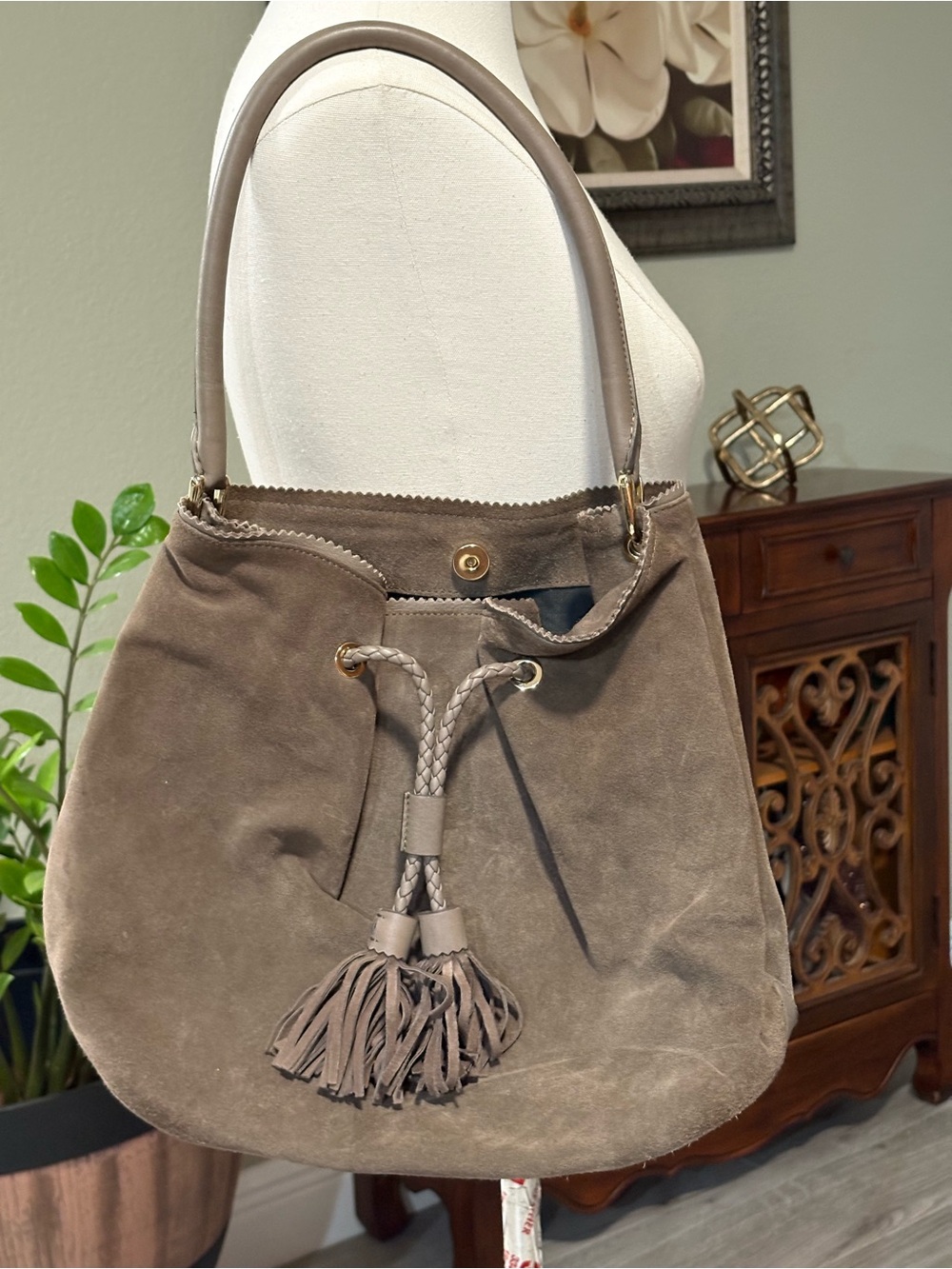 LK Bennett Taupe Suede Tassel Hobo Shoulder Bag